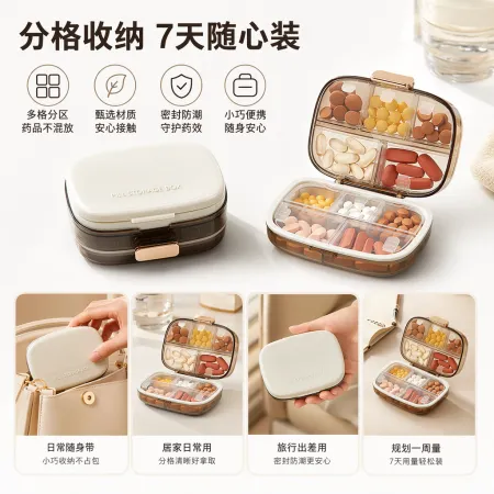 The white transparent compartments portable medicine box features a hand-operated opening and closing design The white transparent compartments portable medicine box features a hand-operated opening and closing design